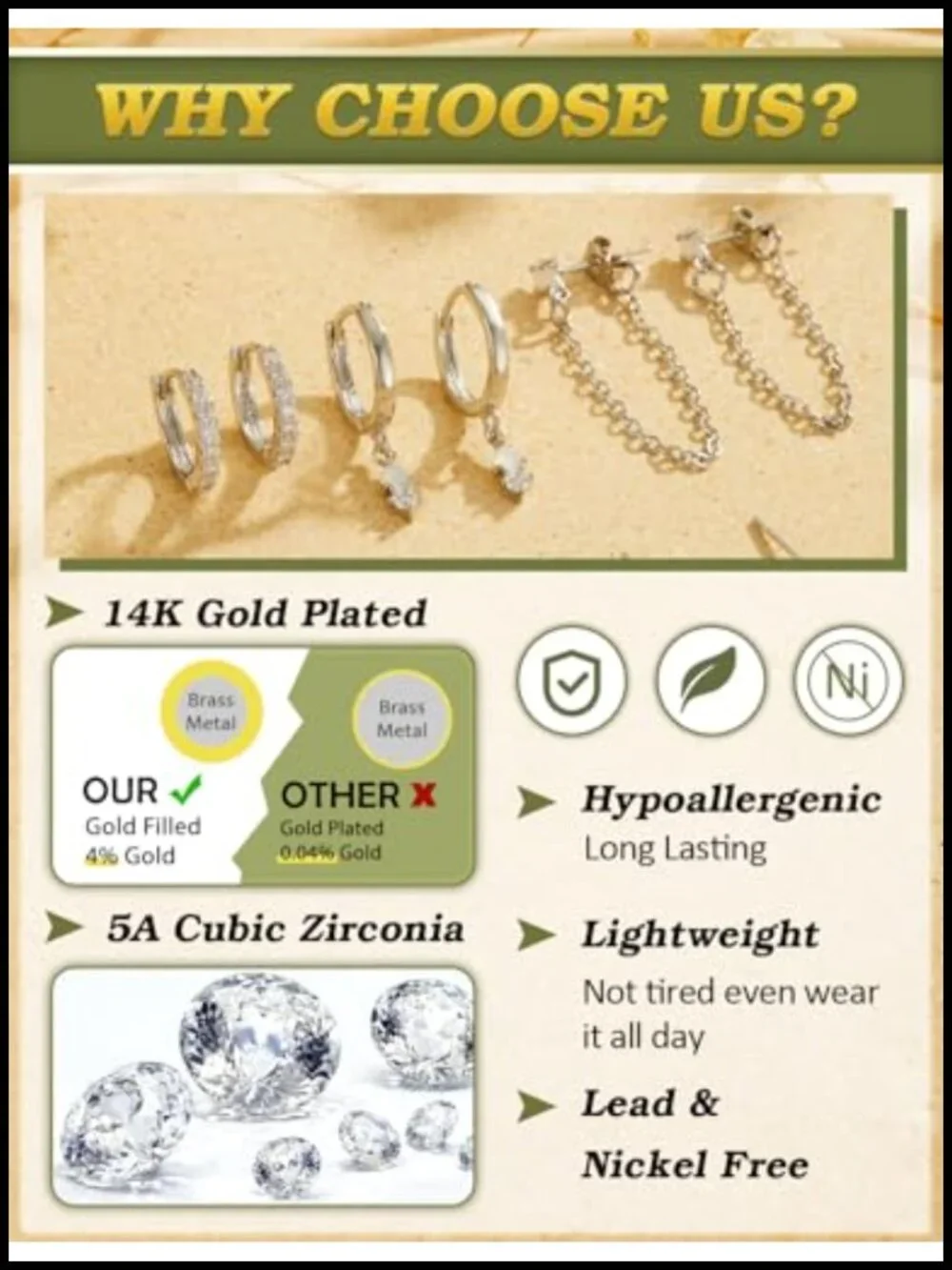 Gold Plated Hoop Earring Set for Women Hypoallergenic 14K